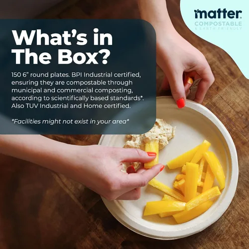 Miniatura 6 de Matter Platos de fibra compostables prémium de 6 pulgadas, paquete de 150, platos desechables biodegradables ecológicos resistentes para aperitivos