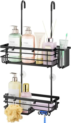HapiRm Organizador de ducha colgante – Estantes de ducha sin perforaciones con ganchos y soporte para cepillo de dientes, organizador de baño de