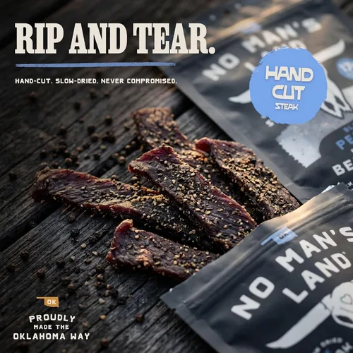 Miniatura 7 de No Mans Land Beef Jerky - Pimienta negra Tiras de carne seca secadas lentamente, ahumadas y sazonadas Bocadillo de carne de res alto