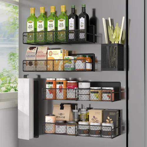 Estante magnético para especias para refrigerador, paquete de 6 estantes magnéticos fuertes 100% de metal, negro, organizador de especias que ahorra