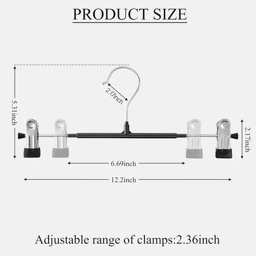 Miniatura 7 de Paquete de 10 perchas resistentes de 12 pulgadas para faldas y pantalones con clips, perchas de metal para pantalones de mezclilla, color negro