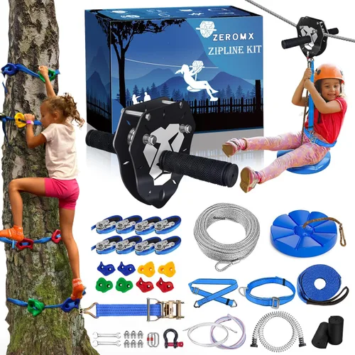 Kit de tirolesa de 160 pies para niños y adultos, hasta 360 libras - Carrito extraíble actualizado, asiento reforzado, arnés de seguridad, tensado