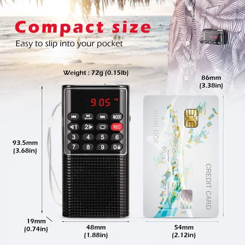 Miniatura 2 de Mini radio FM Walkman de bolsillo, radio portátil con grabador, llave de bloqueo, reproductor de tarjetas SD, funciona con batería recargable, por