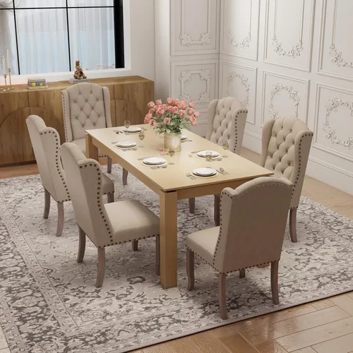 Miniatura 8 de Ya-Home Juego de 2 sillas de comedor copetudas, sillas de comedor tapizadas de lino, sillas de comedor modernas de mediados de siglo con adornos