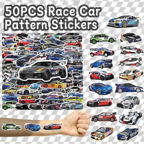 Miniatura 4 de Juego de 74 piezas de recuerdos de fiesta de autos de carreras, 24 pulseras de carreras, 50 calcomanías de autos de carreras, pulseras y paquete