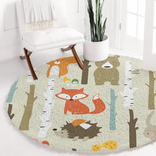 Miniatura 3 de Alfombra de área de 5 pies para interior, redonda, diseño de dibujos animados, conejo, oso, zorro, bosque, alfombra lanuda para niños, habitación