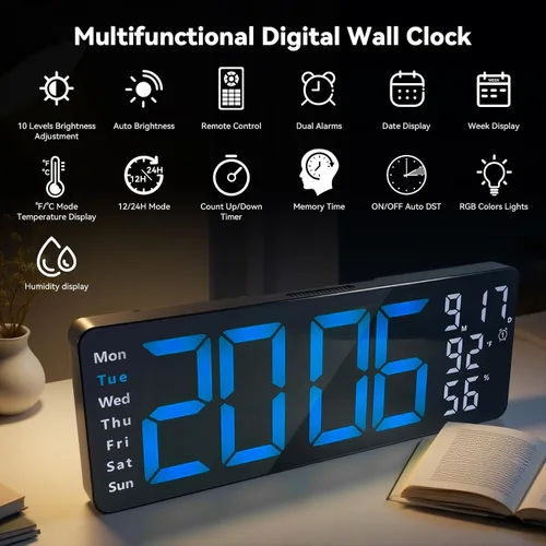 Miniatura 2 de Reloj de pared digital con pantalla grande, reloj digital de 17.3 pulgadas con control remoto a color RGB, reloj de pared grande con atenuación