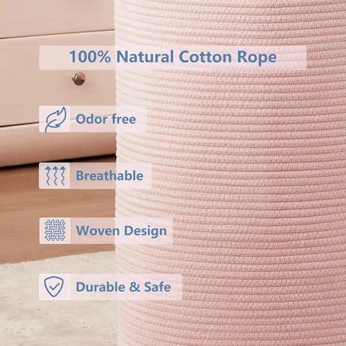 Miniatura 8 de 15Dx20H pulgadas Cesta de lavandería grande rosa para niños, cesta de lavandería de cuerda tejida para guardería, para habitación de niñas, Rosa1