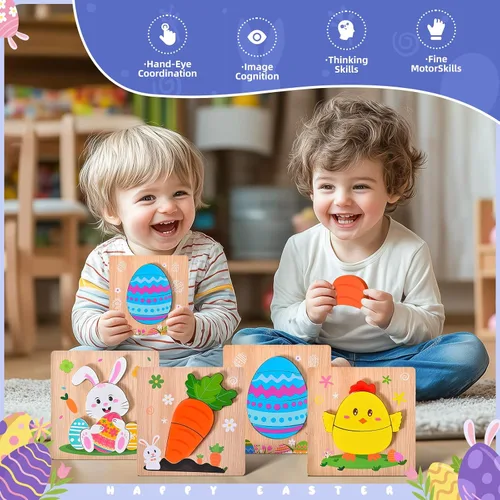 Miniatura 10 de Paquete de 4 rompecabezas de madera de Pascua para niños y niñas pequeños, rompecabezas de juguetes para cestas de Pascua, regalos de fiesta