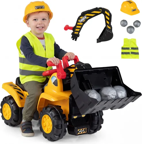 Miniatura 10 de Costzon Excavadora para montar, vehículos de construcción para montar con casco, 3 piedras de juguete, sonido realista, cucharón ajustable