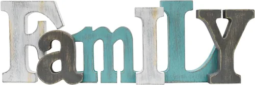 E-view Letrero decorativo de madera en bloque de madera, letrero de palabra con corte de palabra desgastado, color verde azulado envejecido para
