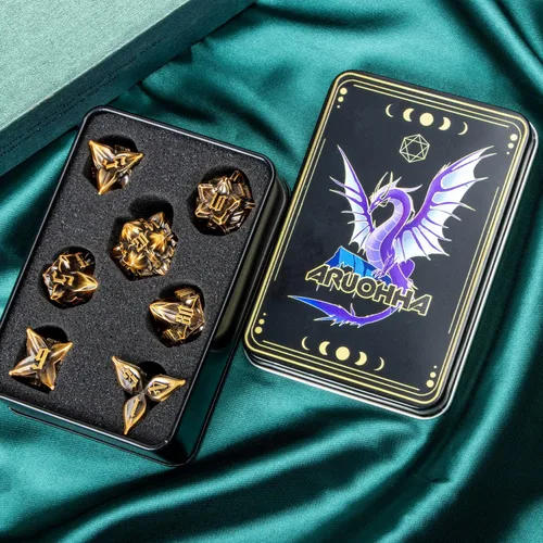 Miniatura 6 de ARUOHHA juego de dados de metal DND diseño de hoja púrpura, juego de dados poliédricos con caja, 7 piezas de dados D y D para juegos de rol RPG D20
