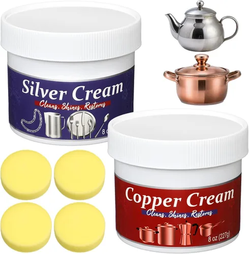 Paquete de 4 limpiadores de plata y cobre y crema pulidora de 8 onzas cada esmalte de metal para plata, cobre, latón, joyería, cromo fregadero,