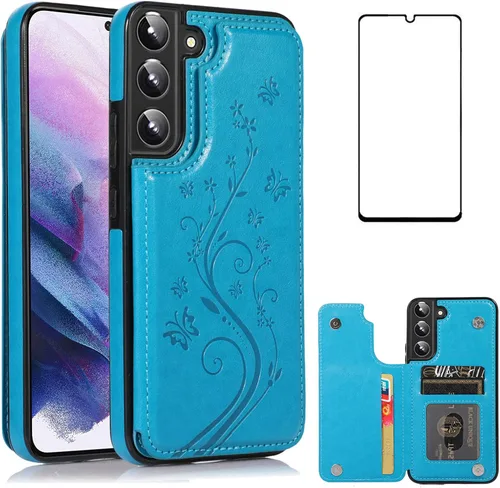 Miniatura 12 de Asuwish Glaxay S22 - Funda para Samsung Galaxy S22 5G con protector de pantalla de vidrio templado, soporte de cuero con tarjetero y doble cierre