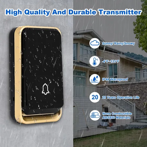 Miniatura 4 de 【No requiere batería】Timbre inalámbrico impermeable, kit de timbre de puerta AURTEC con 2 receptores flash LED enchufables y 1 transmisor