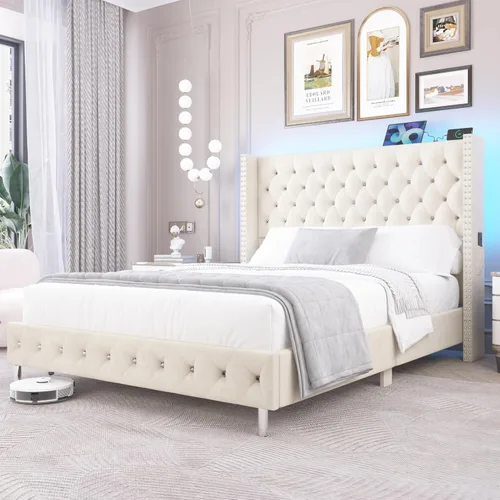 Miniatura 9 de Hlivelood - Marco de cama Queen LED tapizado con cabecera de respaldo, marco de cama tapizado con botones de diamante de terciopelo con puertos USB