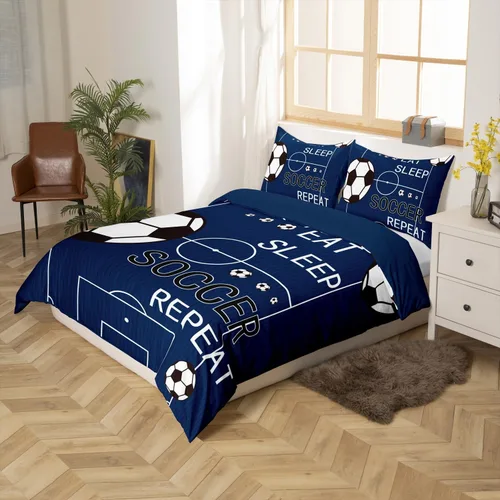 Miniatura 3 de jejeloiu Juego de ropa de cama de fútbol para niños, tamaño individual, juego de funda de edredón de fútbol para niños y niñas, funda de edredón