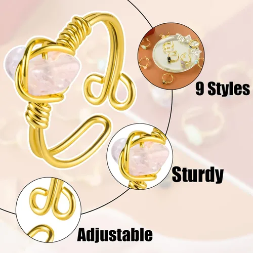 Miniatura 3 de Juego de 9 anillos de cristal curativo, anillos ajustables envueltos en alambre dorado de piedras preciosas irregulares para mujeres y niñas, cristal