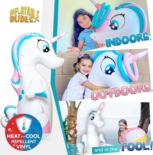 Miniatura 2 de INFLATABLE DUDES Juguete de unicornio de 47 pulgadas, saco de boxeo para niños, ya lleno de arena, bolsa de Bop, lanzamiento de anillos de unicornio
