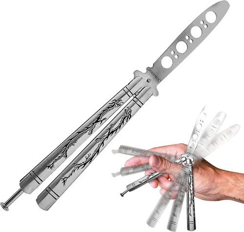 Miniatura 2 de Vornnex, cuchillo mariposa de práctica, hoja desafilada de acero inoxidable para entrenamiento, dragón negro (plateado)