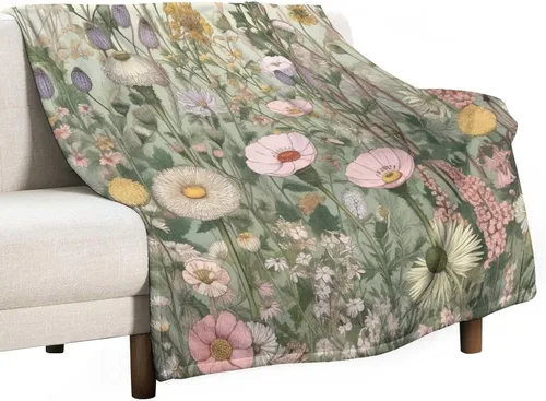 Manta de vellón de hierbas y flores silvestres con plantas botánicas para primavera y verano, con margaritas y hojas florales, manta de franela de