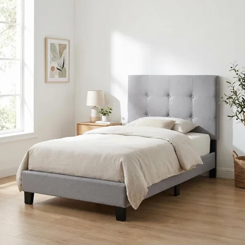 Furinno Laval Marco de Cama Plataforma Tapizado con Botones Penachos, Individual, Glacier