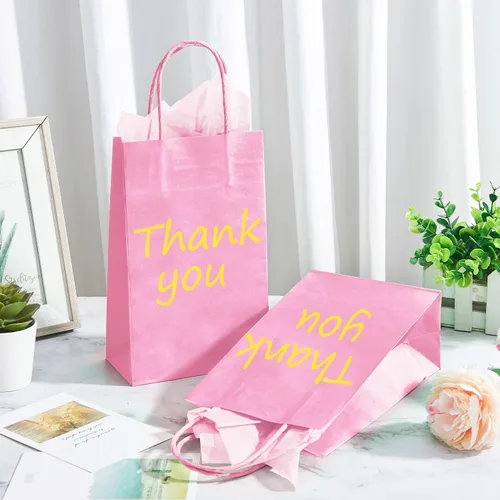 Miniatura 9 de DjinnGlory Paquete de 24 pequeñas bolsas de regalo de papel rosa con asas de 9 x 5.5 x 3.15 pulgadas y 24 papel de regalo de seda para negocios