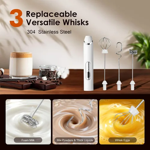 Miniatura 3 de Espumador de leche de mano con soporte, varita espumadora de café recargable con 3 cabezales desmontables de acero inoxidable, mezclador eléctrico