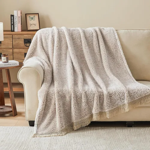 Miniatura 26 de EMME Manta de Forro Polar Sherpa Suave Reversible de Felpa Esponjosa Grande, Manta Bohemia Decorativa Cálida y Ligera para Sofá, Sillón, Dormitorio