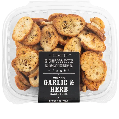 Schwartz Brothers Bakery, Bagel chips, ajo y hierba, orgánico, kosher, artesanal, vegano. Recipiente recién horneado de 8 onzas (paquete de 2)
