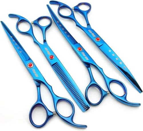 Miniatura 3 de KINGSTAR Juego de tijeras profesionales de aseo de mascotas de 7.0 pulgadas, color azul titanio, tijeras rectas, adelgazantes y curvas, juego de 4