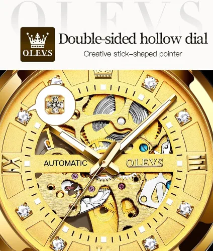 Miniatura 4 de OLEVS Reloj mecánico automático de esqueleto dorado para hombre con cuerda automática vestido de lujo brillante acero inoxidable resistente al agua