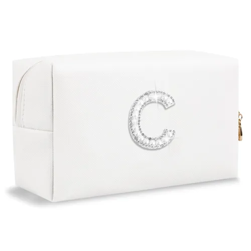 Miniatura 32 de Pequeña bolsa de maquillaje personalizada con inicial A-Z Preppy Patch, bolsa de cosméticos de viaje de felpilla blanca con cremallera, bonita bolsa