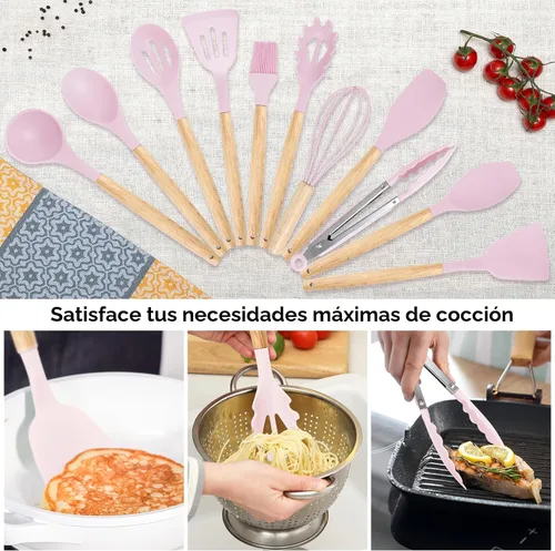 Miniatura 3 de Juego de utensilios de cocina de 19 piezas, 11 piezas de utensilios de cocina de silicona, juego de 6 cuchillos afilados de acero inoxidable rosa