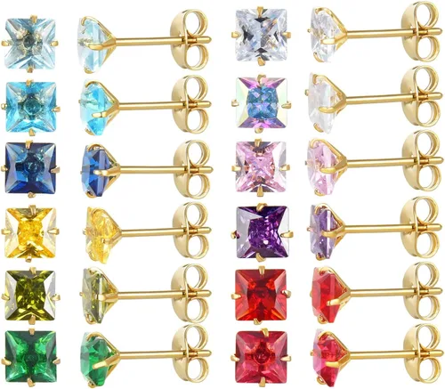 Juego de 12 pares de aretes tipo dormilona de acero inoxidable quirúrgico chapados en oro de 18 quilates, corte princesa, lágrima cuadrada,