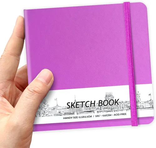 Miniatura 9 de Cuaderno de bocetos de bolsillo cuadrado de tapa dura de cuero PU de 5" x 5", 58 hojas de papel beige Dowling de 150 GSM, libro de bocetos de arte