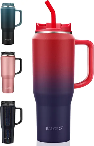 Miniatura 20 de EALGRO Botella de agua aislada de 40 onzas con popote y asa, frasco de agua deportivo de metal grande, taza de café de viaje de acero inoxidable