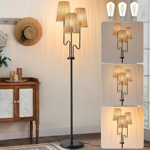Lámpara de pie regulable, 68 pulgadas, lámparas de pie bohemias con pantalla natural, lámpara de árbol de 3 luces para decoración de estilo costero,