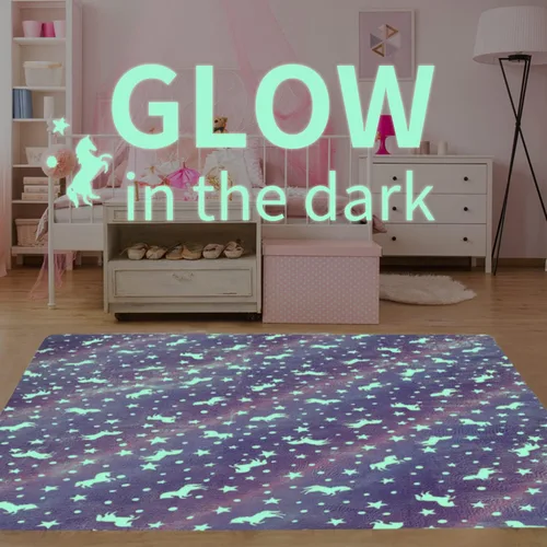 Miniatura 2 de QH Alfombra de área con patrón de unicornio morado sin costuras que brilla en la oscuridad, para sala de estar, dormitorio, habitación de niños