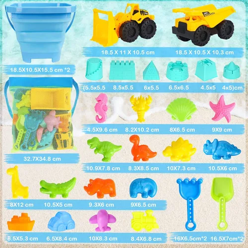 Miniatura 6 de FHOZGECY - Juguetes de playa, 31 piezas de juguetes de arena, juguetes de caja de arena con 2 camiones, 2 cubos de arena plegables, juego de palas