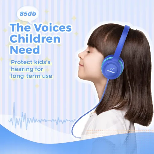Miniatura 6 de vinamass Auriculares para niños, auriculares con cable para niños con limitador de volumen seguro, auriculares para niños con cable de 0.138 in azul