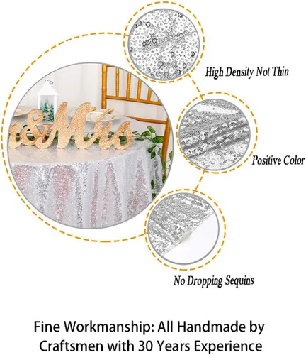 Miniatura 6 de ShiDianYi Mantel redondo de 50 pulgadas, mantel de lentejuelas plateadas con purpurina, mantel circular de lino con lentejuelas plateadas
