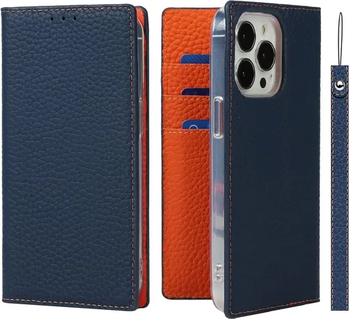 Miniatura 10 de iCoverCase Compatible con iPhone 13 Pro Max, funda magnética de piel auténtica con bloqueo RFID, correa para la muñeca y ranuras para tarjetas, Rojo