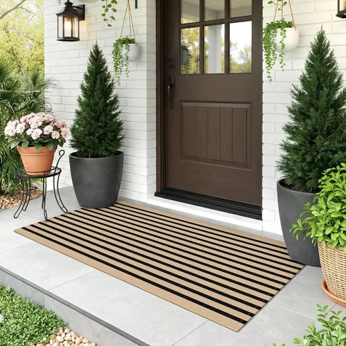 Miniatura 33 de KOZYFLY Alfombra a rayas blancas y negras de 2 x 3 pies, tejido de algodón, lavable, para interiores y exteriores, alfombra pequeña para puerta