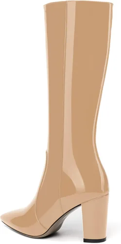 Miniatura 70 de AMBELIGHT Botas altas hasta la rodilla con cremallera y puntera puntiaguda para mujer, de patente sólida, tacón alto, 3.3 pulgadas