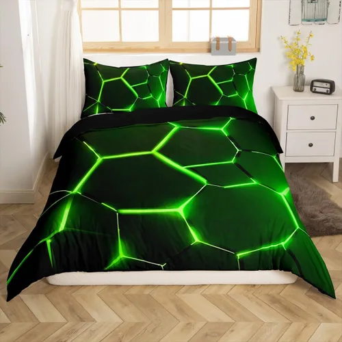 Miniatura 21 de Feelyou Juego de funda de edredón de panal de abeja, color verde y amarillo, juego de ropa de cama hexagonal para niños y niñas, funda de edredón