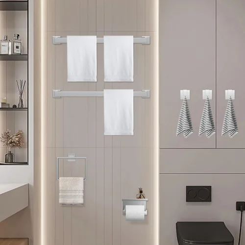 Miniatura 6 de Dorudon atrox Juego de 7 piezas de herrajes de baño de níquel cepillado con toallero, 2 barras de toalla cuadradas de 23 pulgadas y accesorios