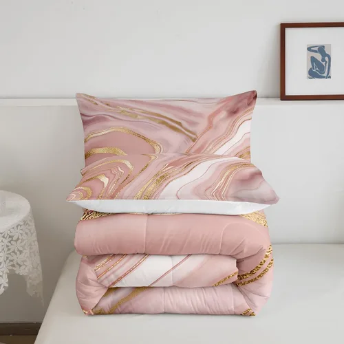 Miniatura 5 de Erosebridal Juego de edredón de mármol rosa dorado para niños y niñas, ropa de cama de mármol metálico, juegos de edredón de textura de mármol