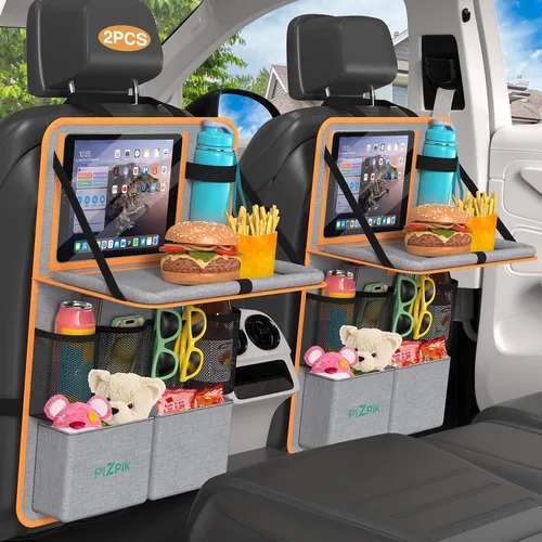 Miniatura 9 de Organizador de asiento trasero de automóvil Plzpik con soporte para tableta, 11 bolsillos de almacenamiento con bandeja plegable para alimentos