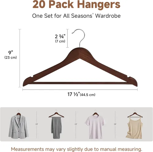 Miniatura 2 de StorageWorks Paquete de 20 perchas de madera para armario, perchas de ropa resistentes para trajes, camisas, pantalones, chaquetas, color nogal